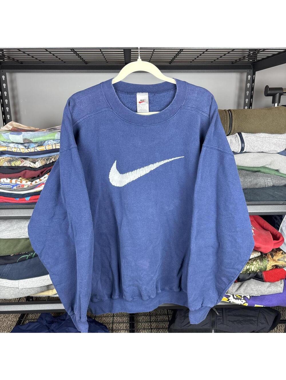 Vintage 90s Nike Big Swoosh Print Navy Blue Crewneck Sweatshirt L
